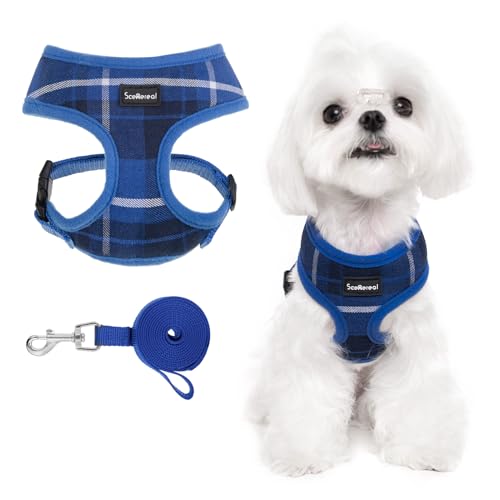 SCENEREAL Puppy Dog Harness with Leash Set for Small Medium Sized Dogs, Soft Mesh Step in Pet Harnesses and Leash, No Chock Plaid Adjustable No Pull Vest for Dogs Cats, Chihuahua,Bulldog (Blue XS) - color: Blue, size: XS: Chest Girth: 10"-14"