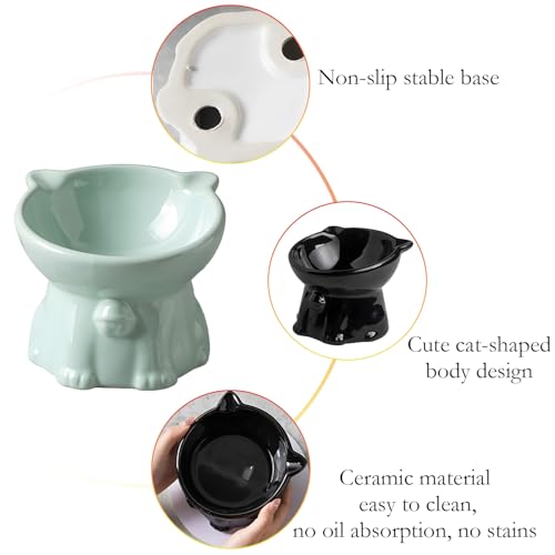 Ceramic Elevated Cats Bowls, 4Pc Extra Wide Raised Cats Bowls, Shallow Whisker Friendly Food & Water Dish, Anti Vomit, Microwave & Dishwasher Safe, 5 oz (Cat Bell 5 X 4.3'')