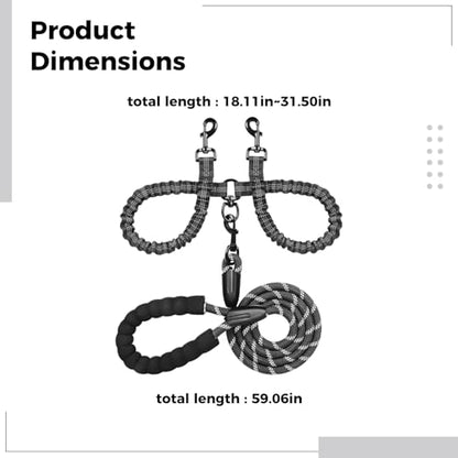 Dual Dog Leash Coupler – Padded, Reflective, Black (59" + Adjustable 18.1–31.5")