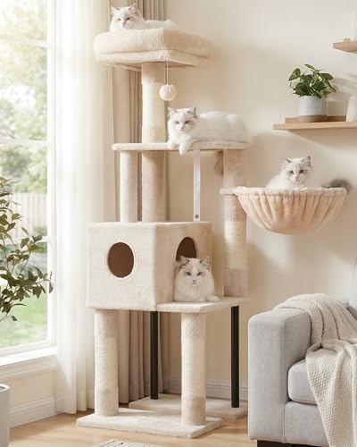 Heybly Cat Tree, 49.2 Inches Cat Tower for Indoor Cats, Spacious Cat House Condo with Hidden Space，Sturdy Steel Tube，Soft Plush Top Perch，Cozy Hammock and Sisal Scratching Posts, Beige HCT200SM - color: Beige, size: 49.2 inch