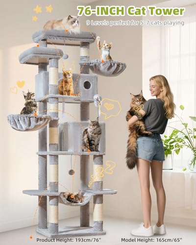 Taoqimiao Cat Tree Tower, 76-Inch Sturdy Cat Tree for Indoor Cats Large Adult Cat Tower with Scratching Posts，2 Condos, 2 Perches, 2 Large Hanging Baskets, Soft Hammock, MS046W Light Gray - color: Light Gray