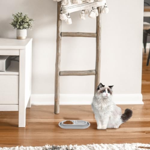 Alasum Ant Repellent Cat Bowl with Water Moat, Dual Food and Water Bowls for Indoor Outdoor Cats &Amp; Small Dogs, Space Saving Spill Resistant Pet Feeding Station, Gray, 10.6x5.9x1.4 in - color: Grey