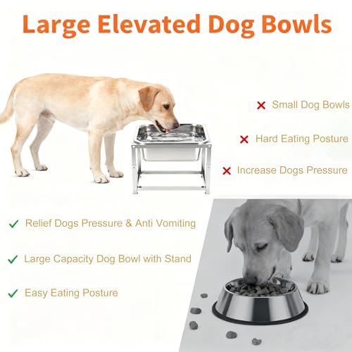 Elevated Dog Bowl Large Breed, 3 Gallons Stainless Steel Dog Bowls with Height Adjustable Raised Metal Stand 11.81'' - 15.75'' for Medium, Large Dogs and Gaint