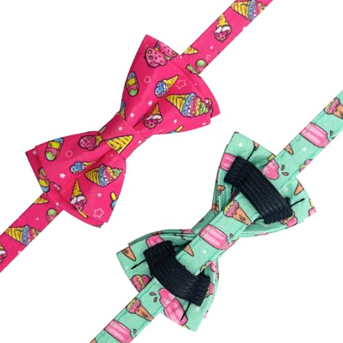 2 Pack Cotton Cat Collar with Bow Tie and Bell for Girl Boy Cats,Cute Pink Flamingo and Blue Whale Pattern Spring Summer Breakaway Cat Collar for Male Female Cats (Ice Cream) - color: Ice Cream
