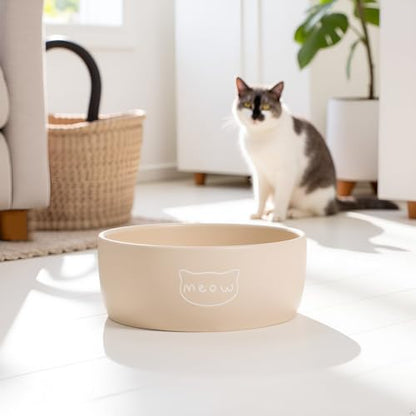 Pearhead Ceramic Cat Bowl – Neutral Taupe “Meow” Design, Holds 12 oz, Stoneware Pet Dish, Whisker-Friendly Pet Feeding, Non-Skid - color: Taupe "Meow", size: Single Bowl