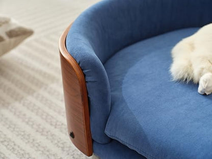 HomSof 26.38" Scandinavian Style Elevated Dog Cat Bed Pet Sofa with Solid Wood Legs and Bent Wood Back with Velvet Cushion,Small Size，Navy+Brown - color: Navy+Brown, size: 26.4"L x 16.1"W x 9.8"Th