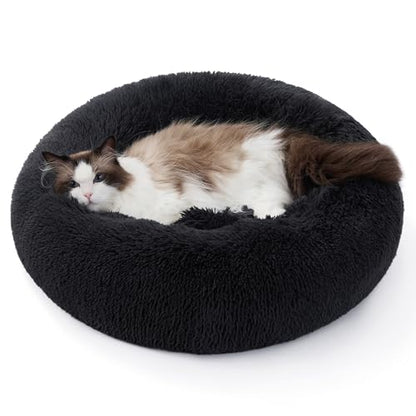Bedsure Calming Donut Cat Bed - Fluffy Plush Round Pet Bed for Kitten & Puppy, Washable Anti-Anxiety Soft Comfy Cuddler, 20x20 Inches, Black (Basic Version) - color: Black, size: 20x20x5