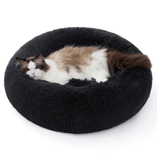 Bedsure Calming Donut Cat Bed - Fluffy Plush Round Pet Bed for Kitten & Puppy, Washable Anti-Anxiety Soft Comfy Cuddler, 20x20 Inches, Black (Basic Version) - color: Black, size: 20x20x5