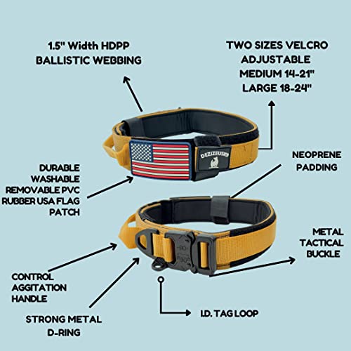 Tactical Dog Collar with Handle, American Flag Patch, 1.5 Inch Wide Thick Heavy Duty Nylon, Quick Release Metal Buckle, Customizable Name Plate, Ideal Dog Collars for Medium to Large Breeds K9 Harness - color: TAN 18-24 inch, size: adjustable 18-24 inches