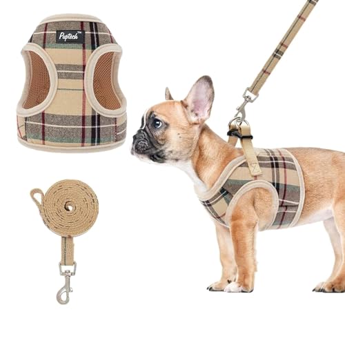 PUPTECK Soft Mesh Dog Harness and Leash Set Step-in Plaid Puppy Padded No Pull Vest Harness for XS Small Sized Dogs Cats Outdoor Walking, Beige S - color: Beige, size: S (Chest Girth 14"-15")