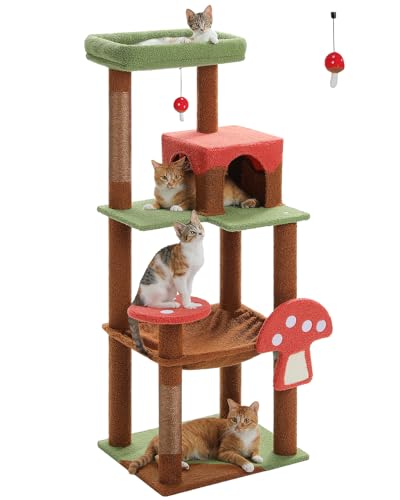 MUTTROS Mushroom Cat Tree Tower with Removable Scratcher, Large Hammock, Condo, Perch, 3 Sisal Posts – Multi-Level Cat Tree for Indoor Cats, Cute Cat Tower for Small Space Homes - color: Brown, size: 56.3in