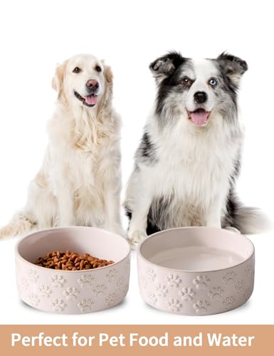 UBEE Ceramic Dog Bowl Set of 2, Dog Food Bowl Dish, Pet Food Water Dish Feeding for Small and Meidum Dogs and Large Cat, White, Paw Pattern, 6.1 in-Medium - size: 6.1 in-Medium
