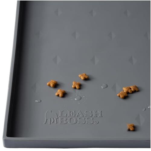 Leash Boss Dog Food Mat - Waterproof Non-Slip Dog Bowl Mat - Raised Lip Spill Containment Pet Feeding Pad - Dishwasher-Safe Silicone Tray - XXL, 30" x 22", Gray - color: Grey, size: XXL - 30" x 22"