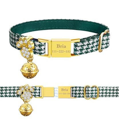 Personalized Breakaway Cat Collars - Magnetic Buckle, Bell - Safety Quick Release, Customized for Girls & Boys Cats- (Houndstooth-Green) - color: Houndstooth-Green