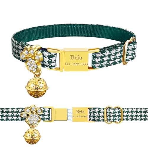 Personalized Breakaway Cat Collars - Magnetic Buckle, Bell - Safety Quick Release, Customized for Girls & Boys Cats- (Houndstooth-Green) - color: Houndstooth-Green