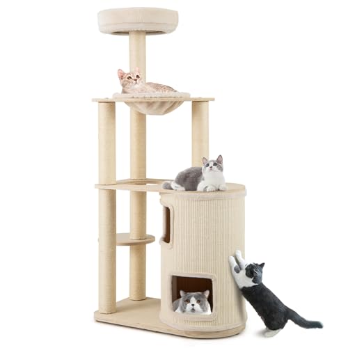 Tangkula Cat Tree Tower, 60 Inch Multi-Level Modern Wooden Cat Tower with 2-Story Condo, Sisal Scratching Posts & Mat, Perch, Hammock, Washable Plush Cushion for Indoor Cats Large Adult - size: 60 Inch