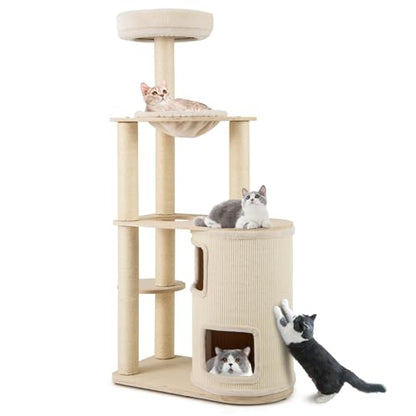 Tangkula Cat Tree Tower, 60 Inch Multi-Level Modern Wooden Cat Tower with 2-Story Condo, Sisal Scratching Posts & Mat, Perch, Hammock, Washable Plush Cushion for Indoor Cats Large Adult - size: 60 Inch
