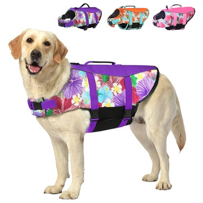 Dog Life Jacket Large, High Flotation Dog Life Vest for Swimming Boating, Hawaiian Reflective Puppy Swim Vest, Adjustable Safety Dogs Floating Vests with Superior Buoyancy and Rescue Handle