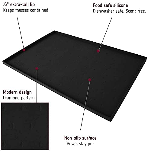 Leash Boss 2-Cup Slow Bowl and XL Mat - Silicone Food Mat (25"x17", Black) and 2-Cup Maze Dog Dish (Gray)