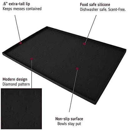 Leash Boss 2-Cup Slow Bowl and XL Mat - Silicone Food Mat (25"x17", Black) and 2-Cup Maze Dog Dish (Gray)