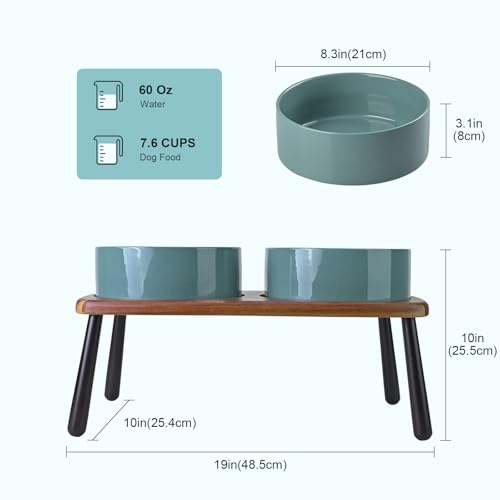 SPUNKYJUNKY Ceramic Elevated Dog Bowls Raised with Acacia Bamboo Wooden Stand, 8.3'' Dog Food Water Bowls Set Non-Slip for Medium Large Sized Breed Microwave Dishwasher Safe - 60 OZ,Dark Green - color: Dark Green, size: 8.3 in - Dual