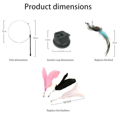 9PCS Suction Cup Cat Toy Set, Interactive Cat Toys for Indoor Cats with 2 Flexible Wands, Strong Suction Base and 3 Replacement Bird 3 Feather Toys with Bells for Kittens and Adults