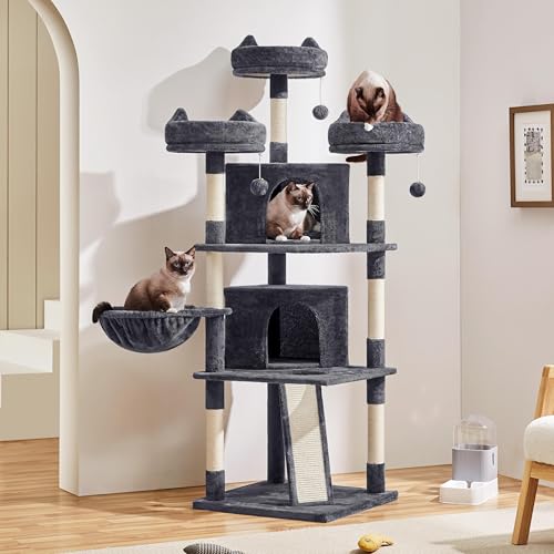 Yaheetech | 68.5in Cat Tree | for Large Cats | Multi-Level Cat Tower with 3 Wide Perches, Large Condo | Stable Pet Play House w/Sisal-Covered Scratching Posts & Board | Dark Gray - color: Dark Gray, size: 68.5in
