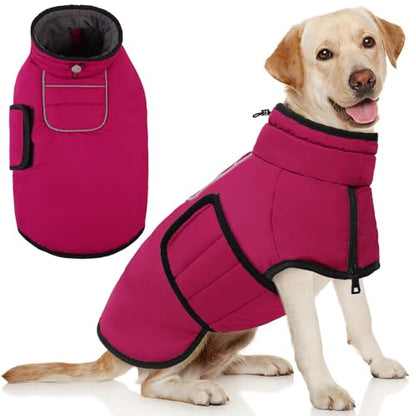 AOFITEE Dog Winter Coat, Waterproof Dog Jacket, Dog Coat with Harness Hole, Warm Fleece Dog Puffer Jacket, Reflective Windproof Dog Snowsuit for Small Medium Large Dogs, Dachshund, French Bulldog, L - color: HotPink, size: Large