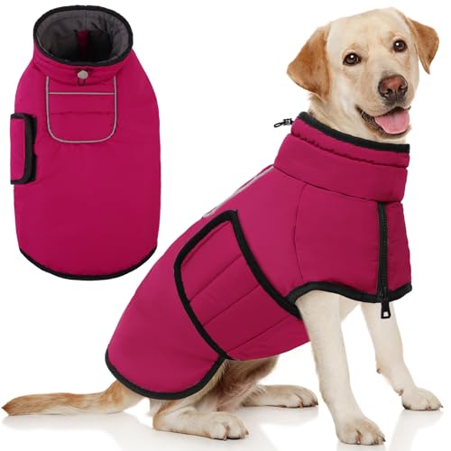 AOFITEE Dog Coat, Waterproof Dog Jacket, Dog Winter Coat with Harness Hole & High Collar, Warm Fleece Dog Snow Jacket for Cold Weather, Reflective Dog Snowsuit for Small Medium Large Dogs, XL - color: HotPink, size: X-Large