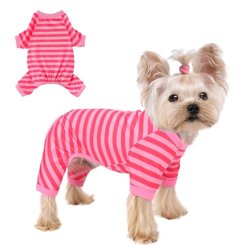 Dog Pajamas, Stretchy Puppy Jammies Onesie, Comfy Doggie Striped Pjs, Lightweight Soft Puppy Outfit, Dogs Clothes for Small Size Girl Boy(Pink,S) - color: Pink, size: Small (Chest 14.2 in)