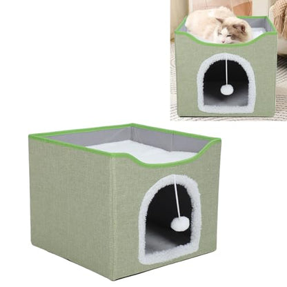 Foldable Cat House, 2 Layer Collapsible Kitten House Multifunctional Cat Cave Bed Soft Cat Scratcher House, Cat Bed Cave Cat Cubes Cat Hideaway for Indoor Cats(Light Green) - color: Light Green