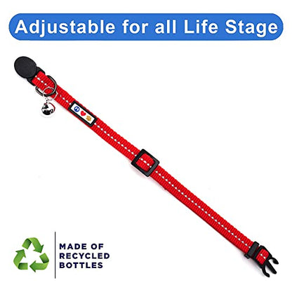 Pawtitas Recycled Red Reflective Cat Collar – Eco-Friendly Breakaway Safety Buckle, Adjustable Kitten & Adult Collar with Removable Bell and High-Visibility Strap - color: Recycled Red
