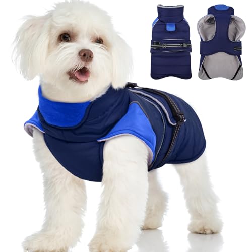 MIGOHI Warm Dog Jacket - Waterproof Small Dog Coat with Furry Collar, Windproof Dogs Fleece Vest, Reflective Cold Weather Coats for Small Dogs, Adjustable Buckle,Poodle,S,DarkBlue - color: DarkBlue, size: Small