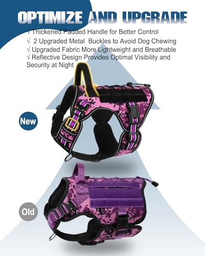 Tactical Dog Harness - No-Pull Service Vest for Large Breeds, with Hook & Loop Patch Panel & MOLLE System M (30-50 lbs, Chest: 25–29") Reflective Purple Camo - color: Reflective Purple Camo, size: M (30-50 lbs, Chest: 25–29")