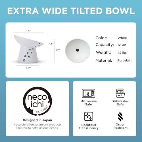 Necoichi Elevated Cat Food Bowl, Ceramic (Porcelain),15° Tilted, Whisker-Friendly, Dishwasher, Microwave Safe, Non-Slip, Anti-Vomiting, Neck Fatigue (Extra Wide Tilted, 1.5-Cup Capacity) - color: Cat, size: Large Extra Wide Tilted (1.5 Cups)