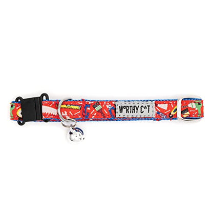 THE WORTHY DOG Patterned Tools Cat Collar with Bell, Adjustable Nylon Safety Collar, Red, One Size - color: Red-Tools