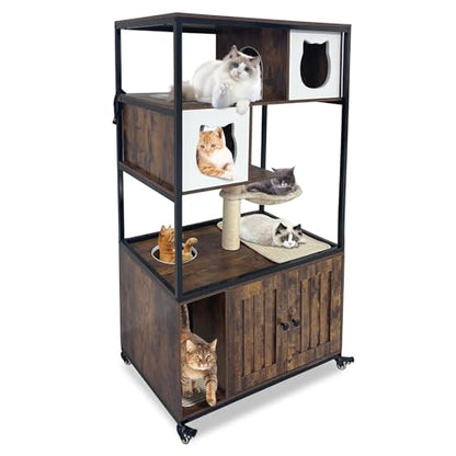 GarveeHome Cat Tree with Litter Box Enclosure 57.5 in H Wooden Cat Tower Cabinet with Wheels Dog Proof Corner Hidden Litter Box with Condo, Hammock and Scratching Post Retro Brown