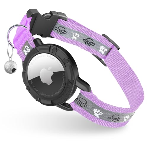 Reflective AirTag Cat Collar, Integrated Cat Tracker Collar with Air Tag Holder and Bell, Safety Elastic Band Cat GPS Collars for Girl Boy Cats, Kittens and Puppies (Lilac,XS) - color: Lilac, size: XS(7"-9")