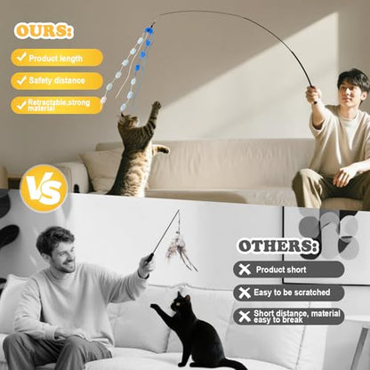 Cat Wand Toy, 9Pcs Retractable Plush Srtip Cat Teaser Wand Toys with Bell & String, Long Interactive Wand Toys for Indoor Kitten, Exercise - size: 7pcs&2pole