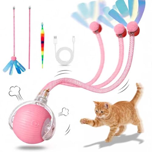 Rechargeable Smart Rolling Cat Ball, Automatic Interactive Cat Toy with 3 Modes, LED Light & 3 Replaceable Accessories, Indoor Cat Exercise Toy for Kittens & Adult Cats, for Boredom Relief Pink - color: Pink