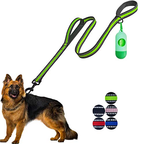 JSXD Heavy Duty Double Handle Dog Leash - 5 FT with Comfortable Padded and Reflective Rope, for Small to Large Dogs (Wide-Green) - color: Wide-Green