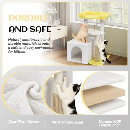 Outvita Cat Tree 27.5in Small Cat Tower, Multi-Level Cat Tree Tower with Cat Scratching Post and Pad, Cozy Cat Condo, Padded Top Bed for Kittens and Indoor Cats, Yellow & White - size: 27.5" Yellow & White
