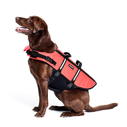 ZippyPaws Adventure Dog Life Jacket - Dog Life Vest for Swimming & Boating, Fits Small Pets, Lightweight Dog Flotation Device for Water Safety, Padded Handle, Adjustable Fit, 28-32" - Large, Red - size: Large