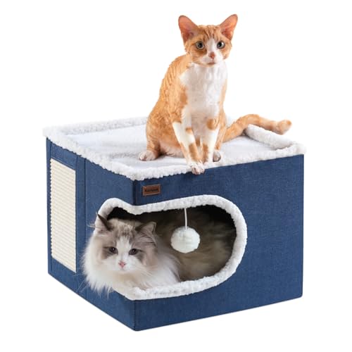 Garnpet Cat Bed for Indoor Cats Cube House, Covered Cat Cave Beds & Furniture with Scratch Pad and Hideaway Tent, Cute Modern Cat Condo for Multi Small Pet Large Kitten Kitty, Navy - color: Navy Blue, size: 16.5"D x 16.5"W x 13"H
