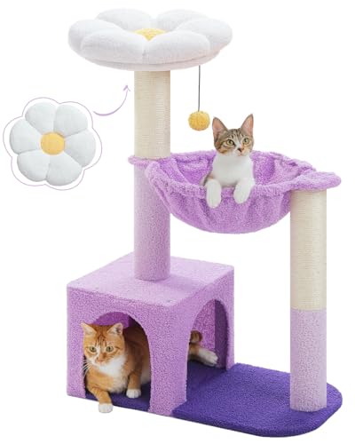 MUTTROS Purple Flower Cat Tree for Small Indoor Cats w/Large Metal Frame Hammock, 35" Cute Cat Tower with Sisal Scratching Posts, Cozy Condo with Cloud White Bed for Kittens - color: Purple, size: 35" Upgraded Flower Cat Tree