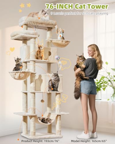 Taoqimiao Cat Tree Tower, 76-Inch Sturdy Cat Tree for Indoor Cats Large Adult Cat Tower with Scratching Posts，2 Condos, 2 Perches, 2 Large Hanging Baskets, Soft Hammock, MS046M Beige - color: Beige