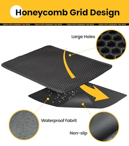 Cat Litter Trapping Mat, 27"x19" Universal Fit Litter Box Floor Mat, Hexagon Grids & Anti-Leak Base, Machine Washable, Non-Slip Kitty Mat for Most Homes, Black - color: Black