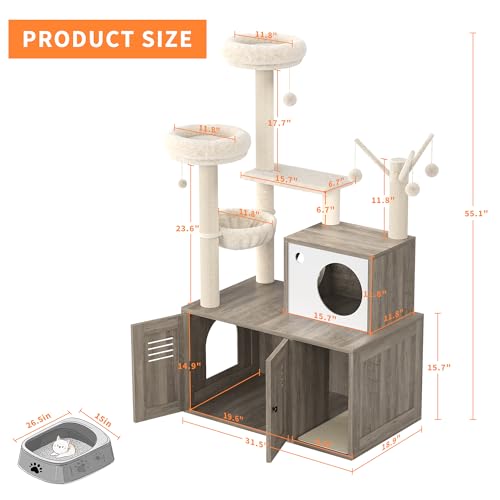 Garvee Cat Litter Box Enclosure with Tree Tower and Condo, Hidden Pet Washroom Furniture with Sisal Scratching Post,Hammocks and Soft Plush Perch, Wooden Cat Furniture with Multiple Platforms,Grey - color: Rustic Grey