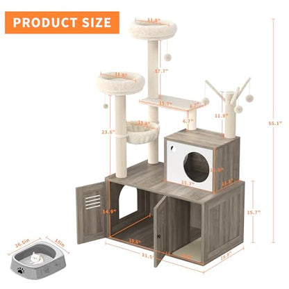 Garvee Cat Litter Box Enclosure with Tree Tower and Condo, Hidden Pet Washroom Furniture with Sisal Scratching Post,Hammocks and Soft Plush Perch, Wooden Cat Furniture with Multiple Platforms,Grey - color: Rustic Grey