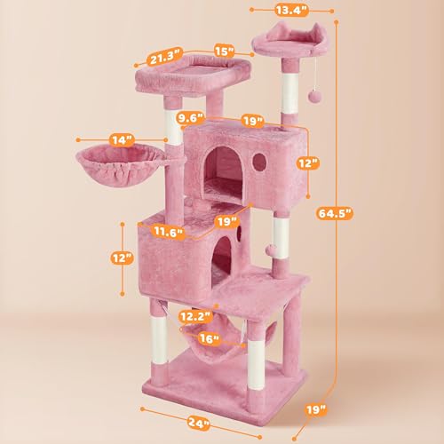 Yaheetech 64.5in Extra Large Cat Tree, Multi-Level Sturdy Tower with 2 Perches, 2 Condos, 5 Sisal Scratching Posts, Hammock Basket & Dangling Balls, Ideal for Large Kitty Multi-Cat Households, Pink - color: Pink, size: 64.5in